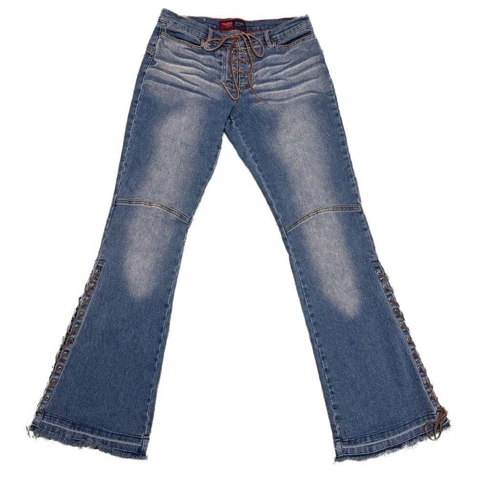 Y2K Younique Low Rise Lace-Up Front and Side Flare Leg Denim Boho Cowgirl 9